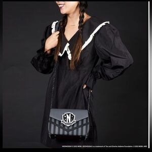 Loungefly Wednesday‎ Addams Nevermore Uniform Cosplay Crossbody Bag black NWT